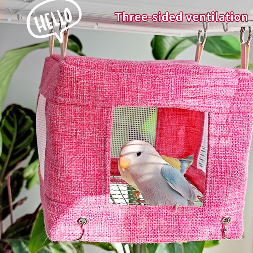 La La Pet Breathable Bird Hut for Summer Hanging Cage Nest with Stainless Steel Mesh Bottom Cooling Hammock Tent for Parrots Macaws Parakeets Cockatoos Lovebirds Pink