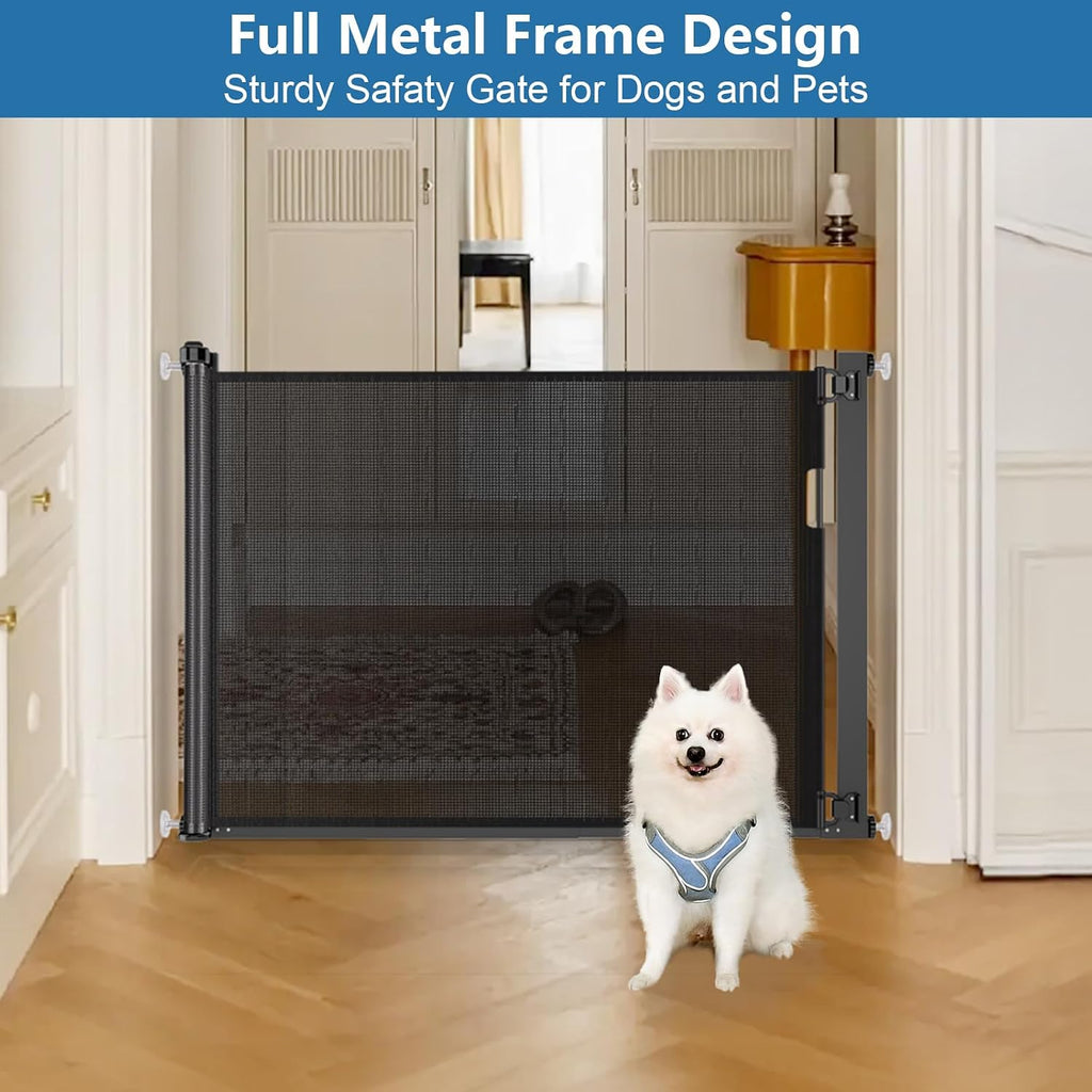 Malier Retractable Dog Gate, 29-42" No Drilling Pressure Mounted Mesh Dog Gate for Indoor, Extra Wide Metal Frame Pet Gate Walk Through Safety Black for Stairs, Doorways (Black, 29 x 42 Inch)