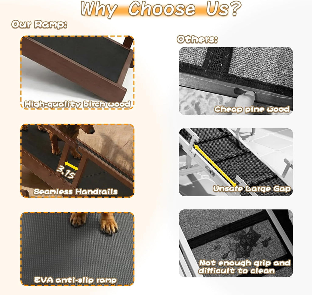 61" Dog Ramp for Bed with Rest Platform & Glow Strips, 20° Gentle Slope, EVA Non-Slip Surface, Removable Safety Rails, Birchwood Solid Wood, for Small, Large & Senior Dogs, Joint Protection, Brown