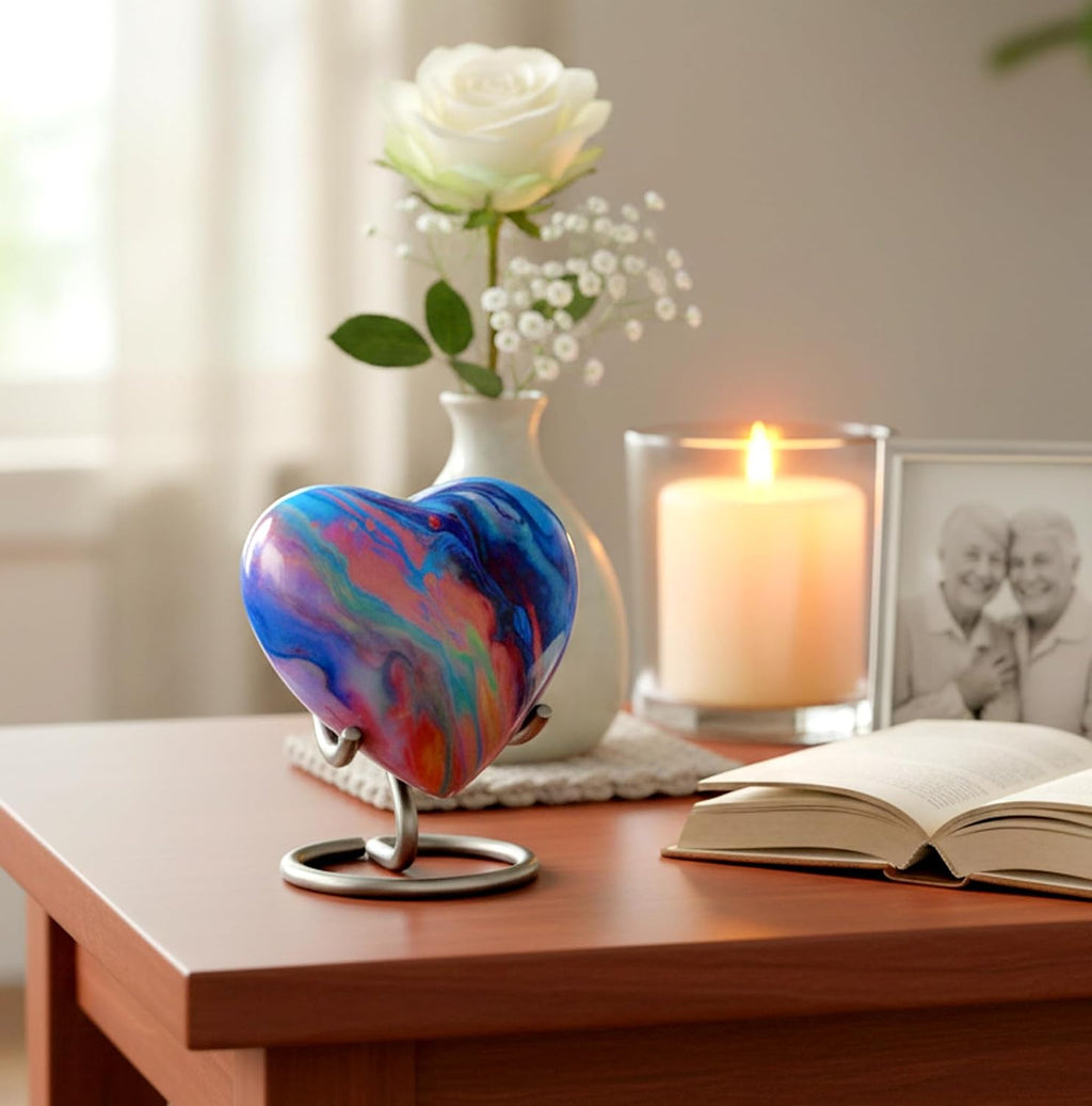 eSplanade Metal Mini Cremation Urn Heart-Shaped Keepsake Memorial Jar Pot Container | Small Urn for Funeral Ashes Burial | Wave Textured Metal Keepsake with Stand | Multicolor - 2.75" Inches