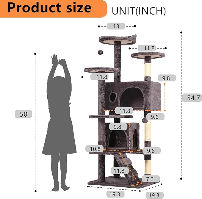 BestPet | 54" Cat Tree Tower | Purple Gray | Sturdy, Hanging Cat Toys, - Image 7