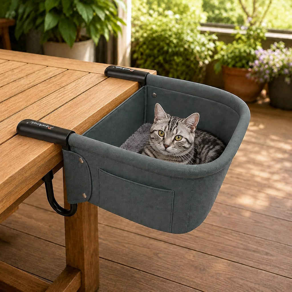 Extra-Sturdy Clamp-On Cat Desk Bed Attachment for Large Cats 50LBS,Desk Mount Cat Perch Hammock with Dual-Sided Detachable Mat&Side Storage Pockets,Tool-Free Easy Install for Gaming/Office(Sage Green)