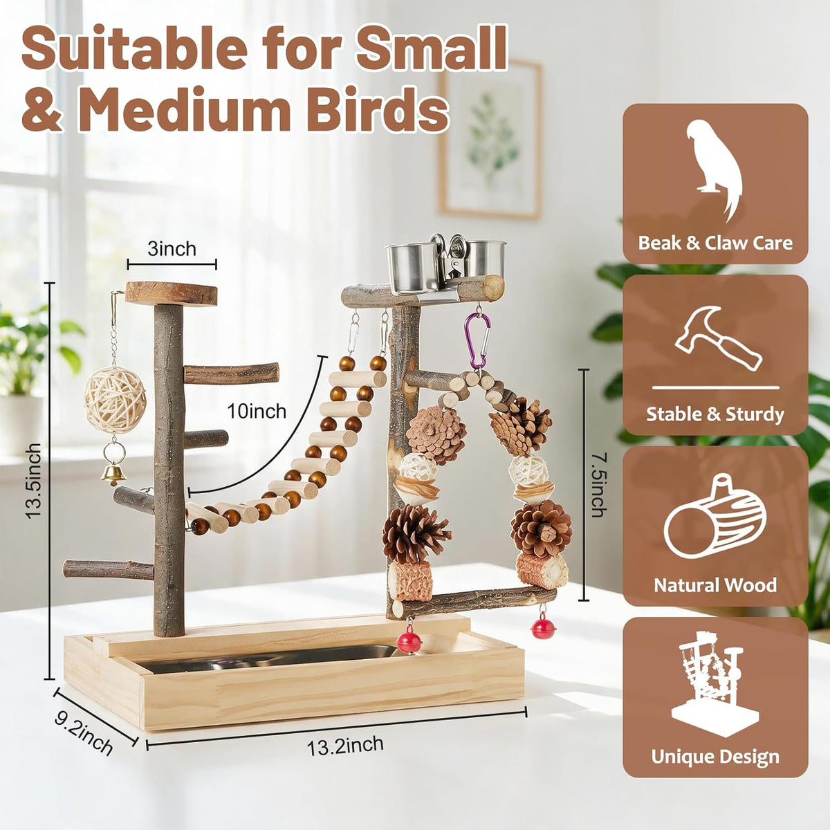 Bird Playground Wooden Parrot Stand Tabletop Parrot Play Gym