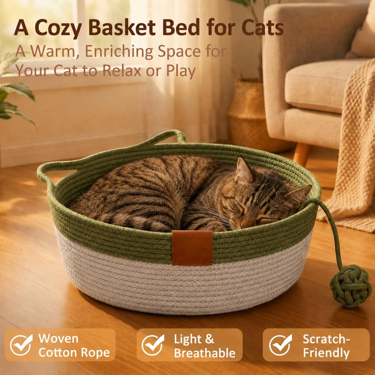 Handwoven Cotton Rope Cat Basket, Scratch-Friendly Cat Bed for Indoor Cats