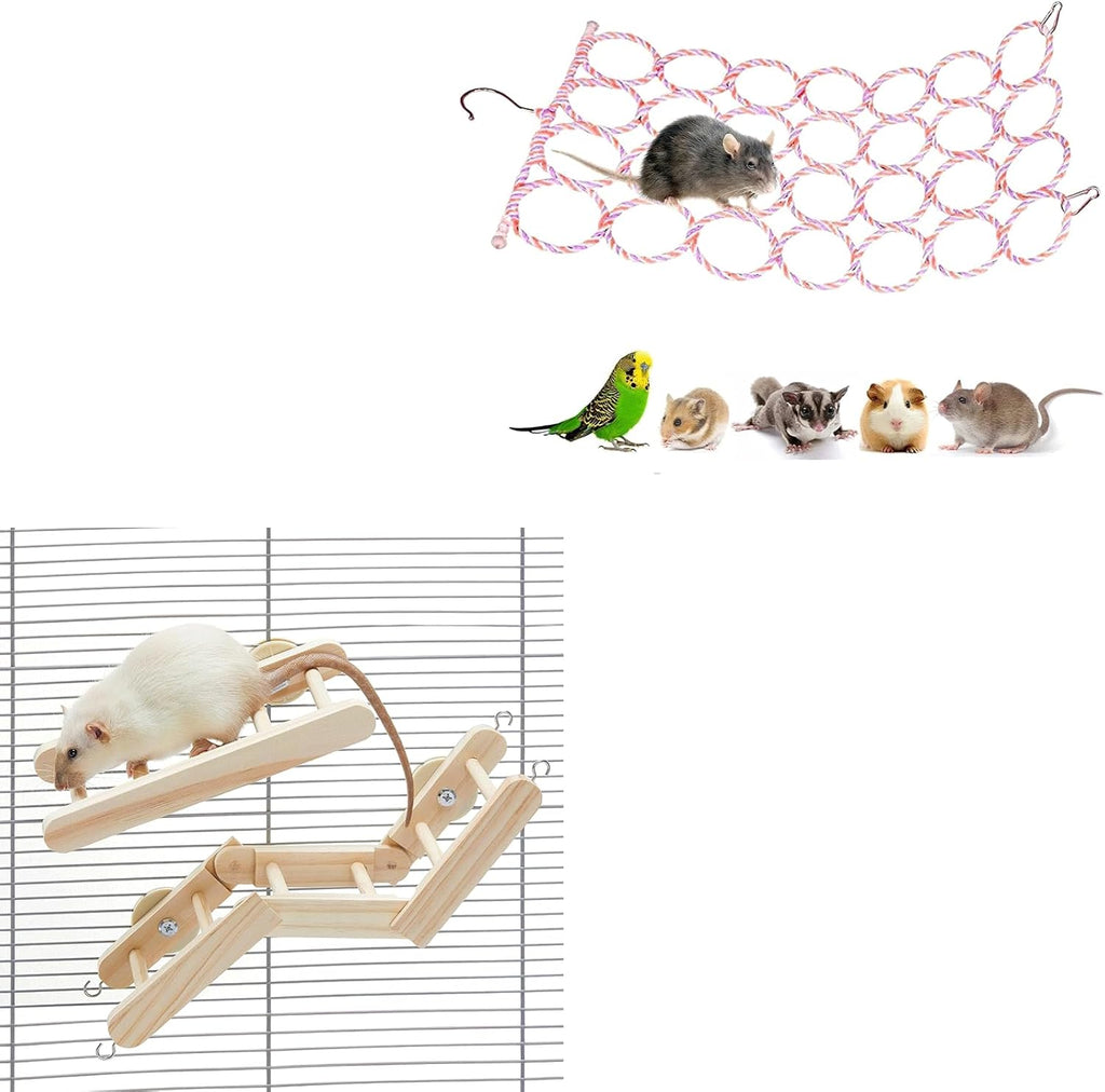 Jevnd Rat Climbing & Chewing Activity Set - Hemp Rope Net & Adjustable Wooden Ladder Combo for Small Pets - Includes Hanging Bridge and Multi-Level Platforms for Rats Mice Parrots and Birds
