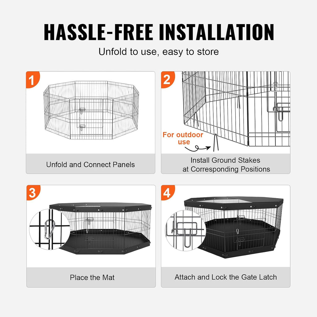 VEVOR 24" Dog Playpen, 8-Panel Foldable Metal Pet Pen with Top Cover & Pad