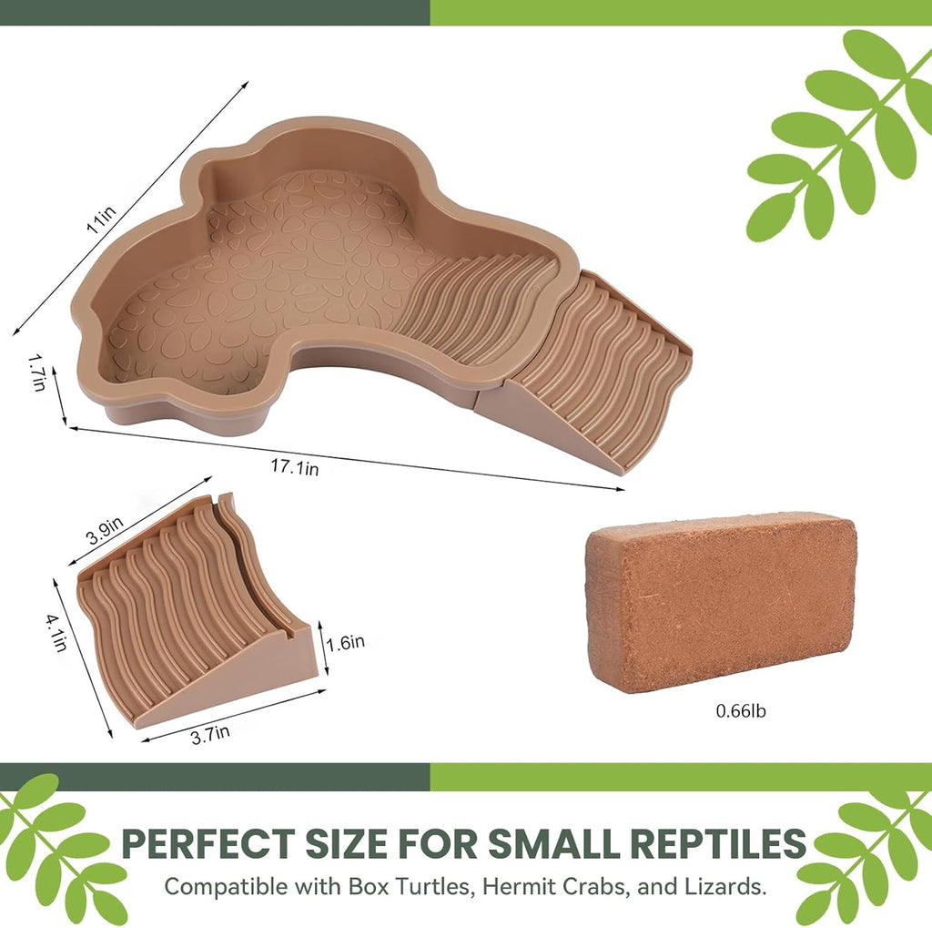 4 Pcs Tortoise Water Dish Reptile Bathing Pool with Ramp, Large Turtle Habitat Accessories Food Bowl for Box Turtle Bearded Dragon, Indoor Outdoor Enclosure Tank Feeding Basin