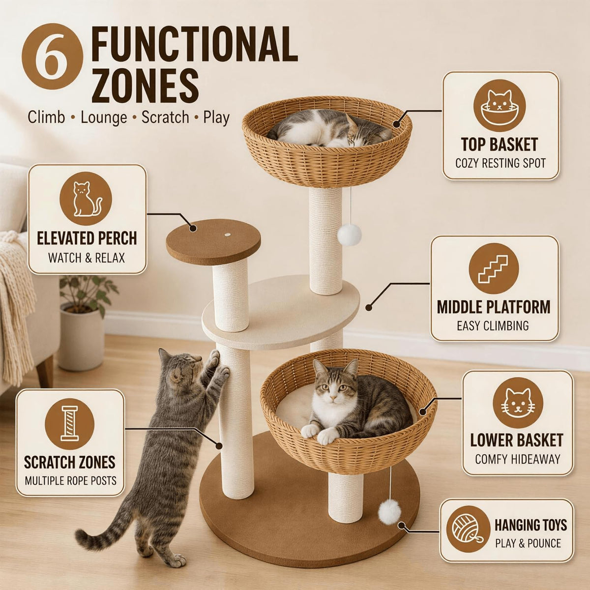 33in Modern Cat Tree for Indoor Cats, Small Cat Tower