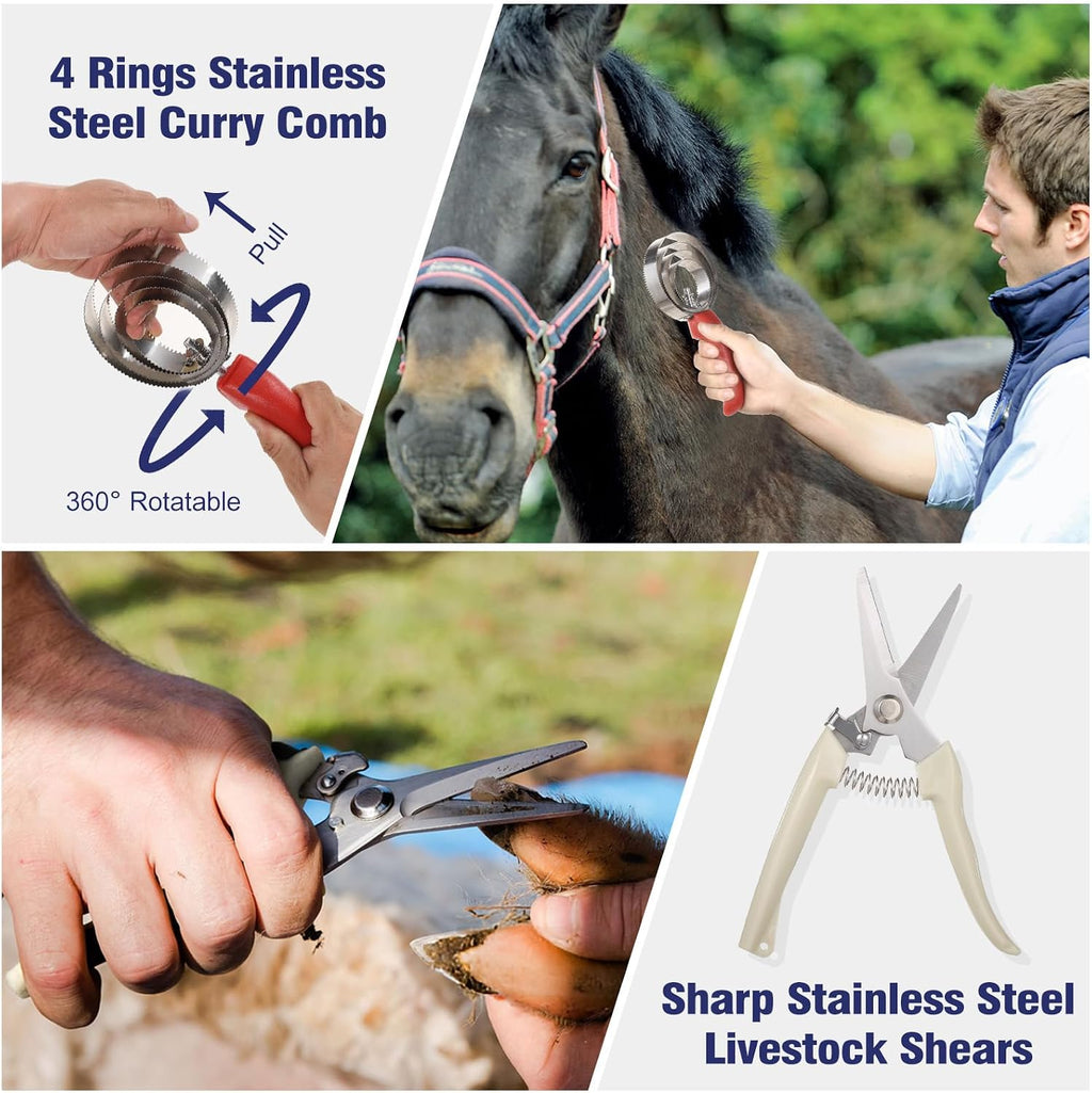 2 Pack Livestock Scratching Brushes, with Horse Comb & Trimming Shears, Large Soft Cow Scratcher, Goat Horse Scratching Post, Massage Brush for Horses, Sheep, Deer