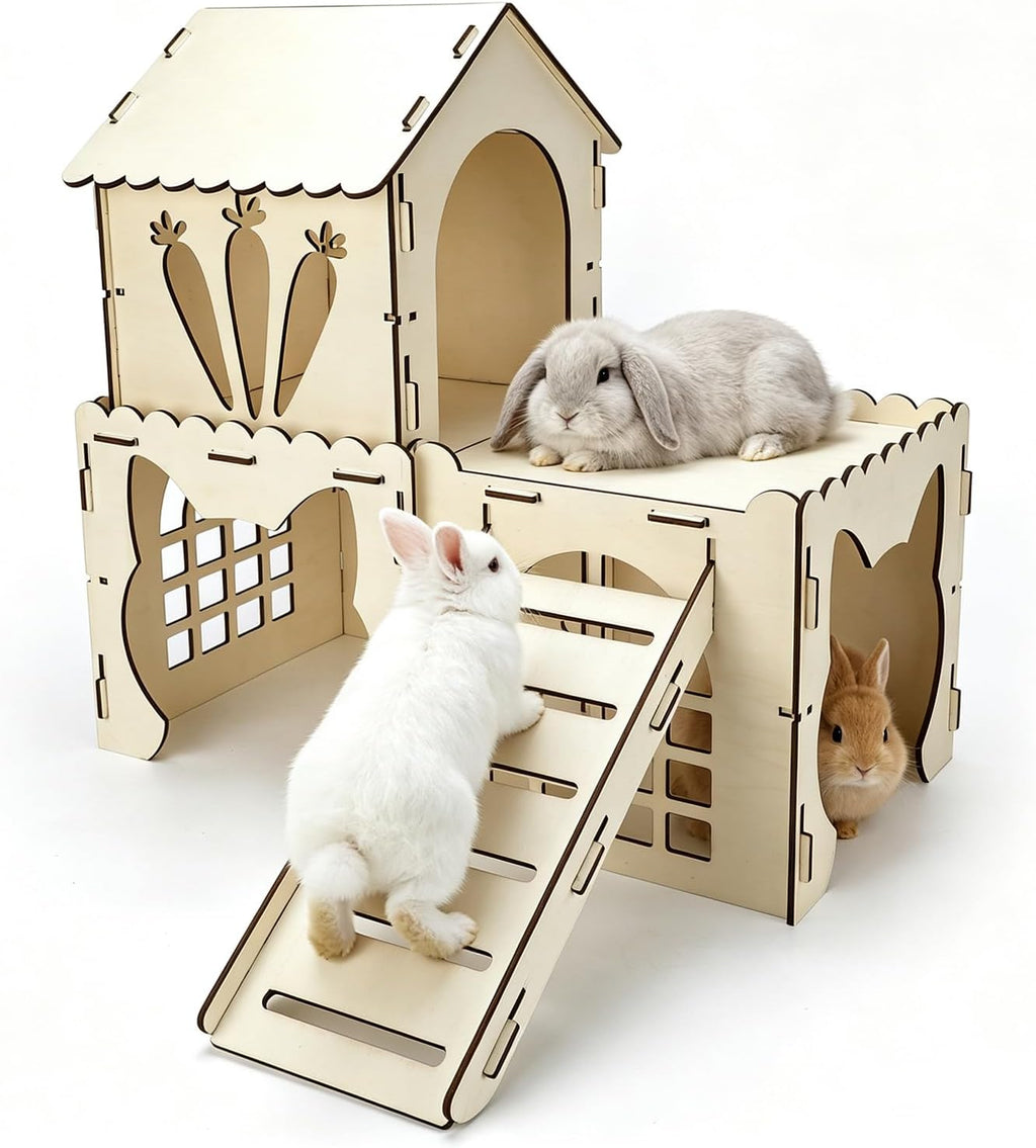 Rypet Extra Large Wooden Rabbit Castle, Bunny House Hideout with Stairs