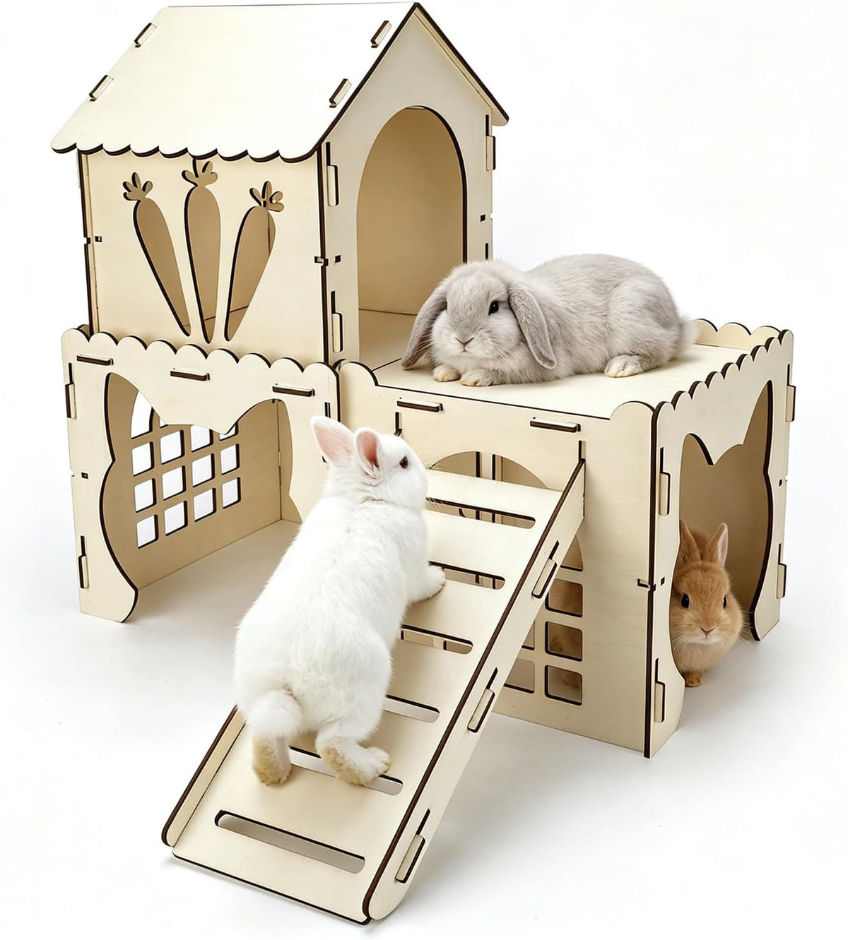Rypet Extra Large Wooden Rabbit Castle, Bunny House Hideout with Stairs