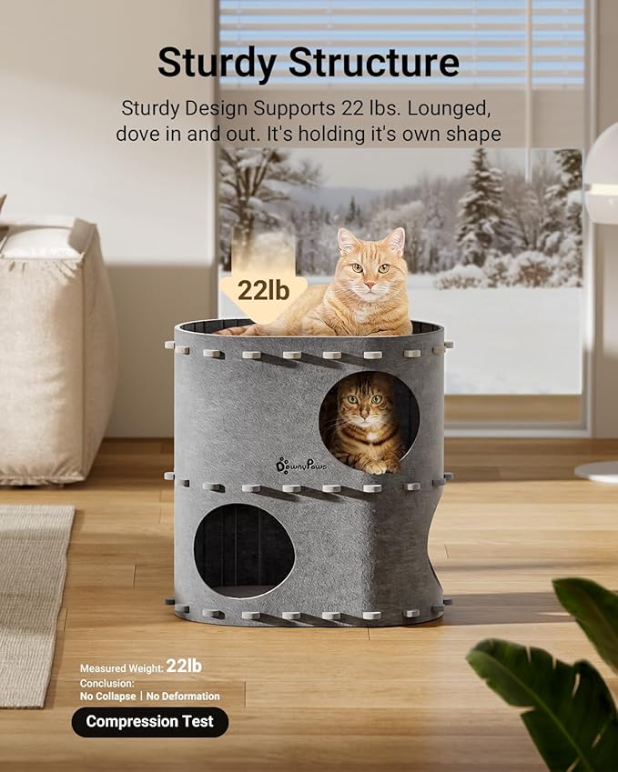 DownyPaws Cat House for Indoor Cats, 2-Storey Foldable Cat Bed Cave, Felt Cats - Image 5