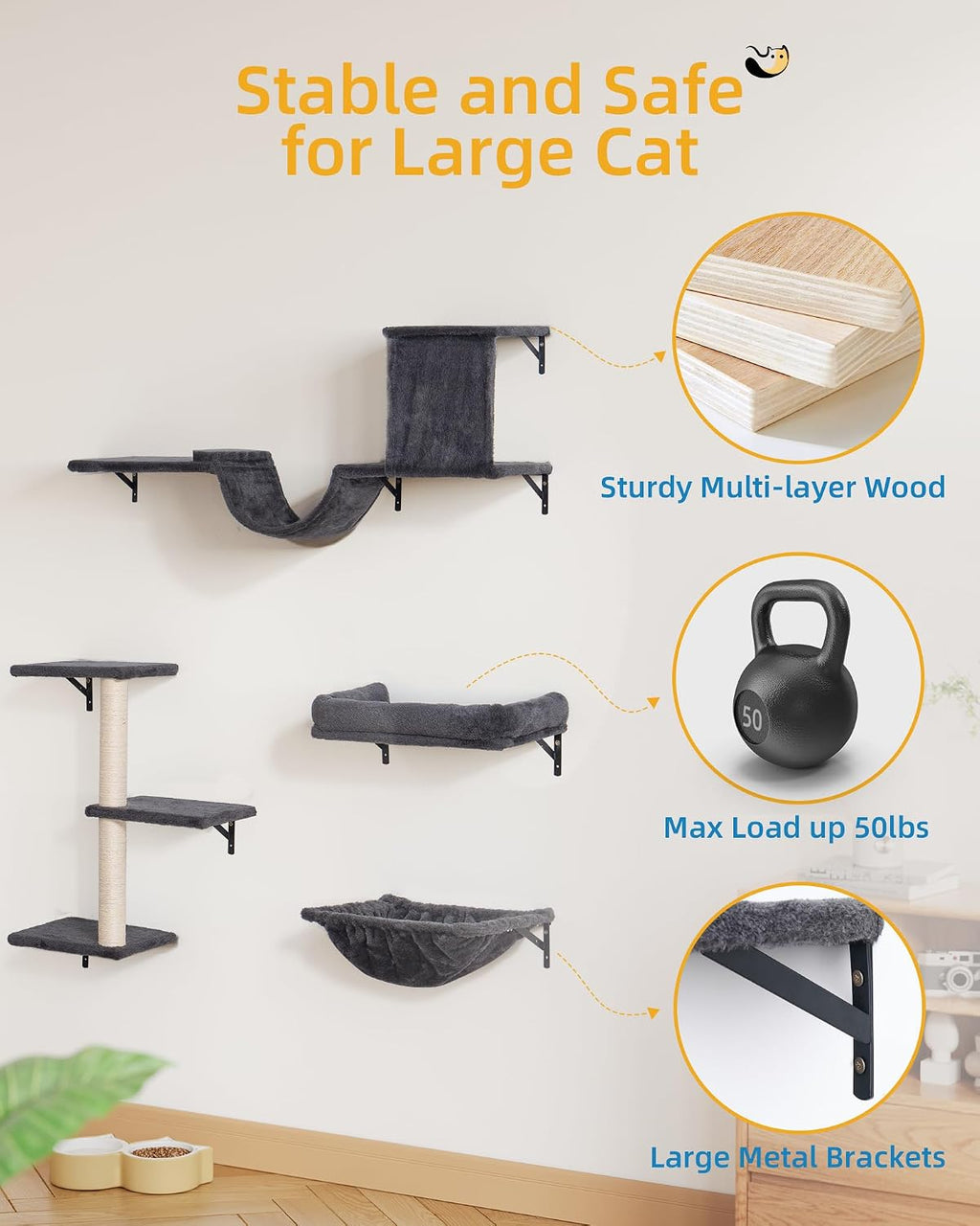 Aechonow Heavy Duty Cat Wall Shelves for Large Cats, 5-in-1 Cat Furniture