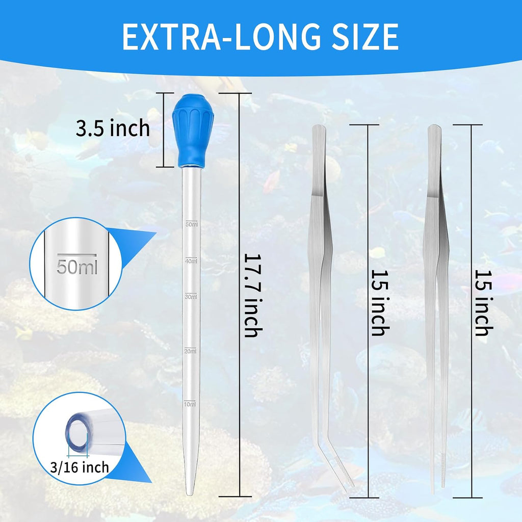 2 Pcs Aquarium Coral Feeder with 2 Pcs Stainless Steel Feeding Long Tweezers Syringe Spot Coral Feeder Reptile Feeding Tools for Aquatic Plant Reef Anemones Lionfish (Blue, Silvery)