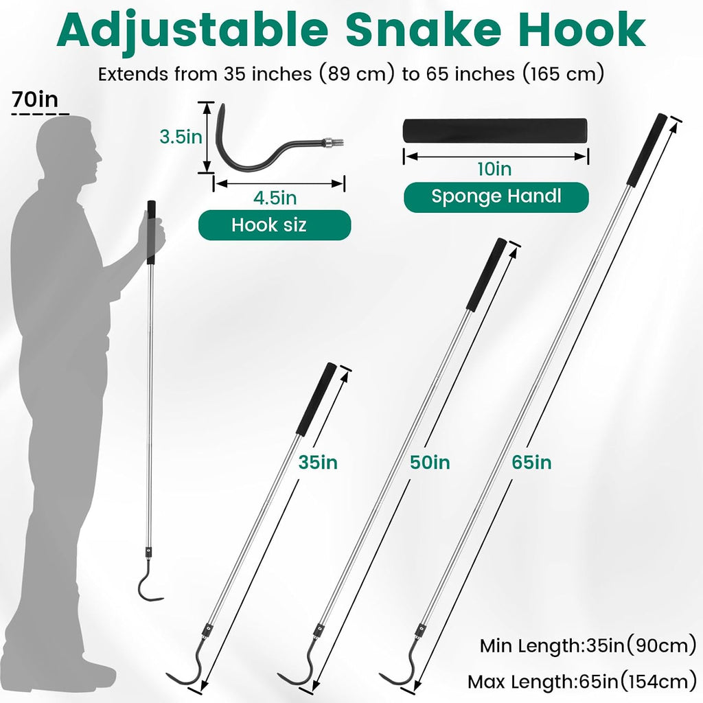 Snake Hook, 35"-65" Reptile Snake Hook Heavy Duty Long for Ball Python Rattlesnakes Rattle Copperhead Removal with Sponge Grip and Stainless Steel Rubber Tip Hook
