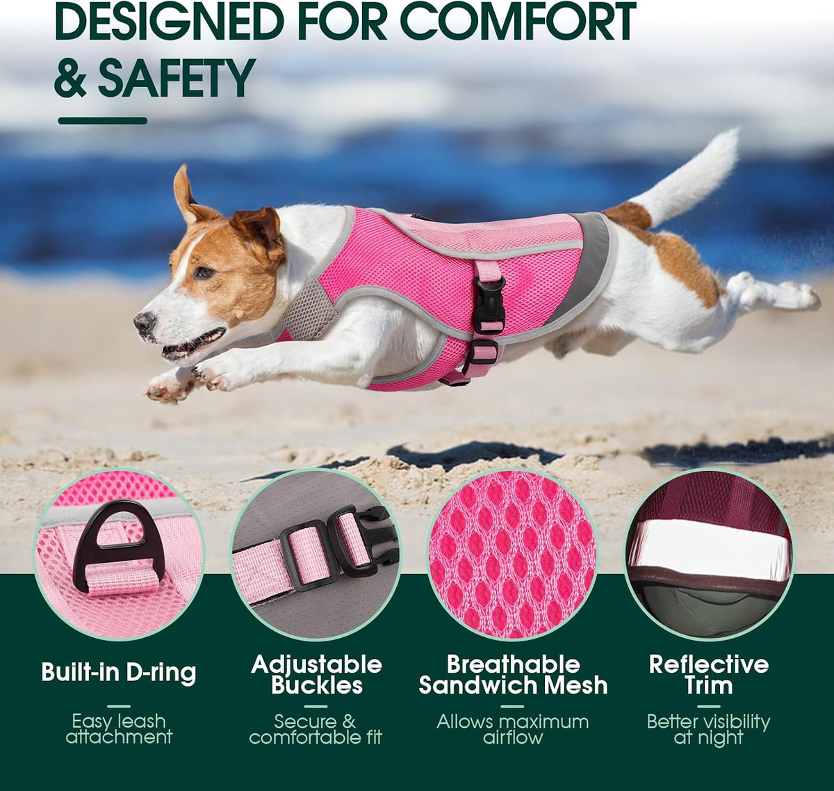 Kuoser Dog Cooling Vest, Reflective Cooling Jacket for Dogs, Medium, Pink