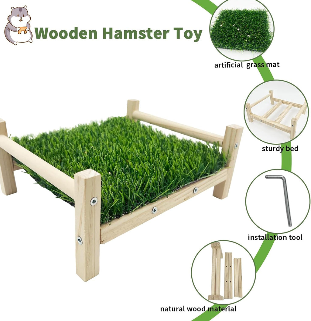 FlidRunest Wooden Rat Foraging Toys, Artificial Grass Foraging Mat for Rats, Safe Rats Enrichment Toys Activities, Boredom Relief Hanging Bed for Pet Rat