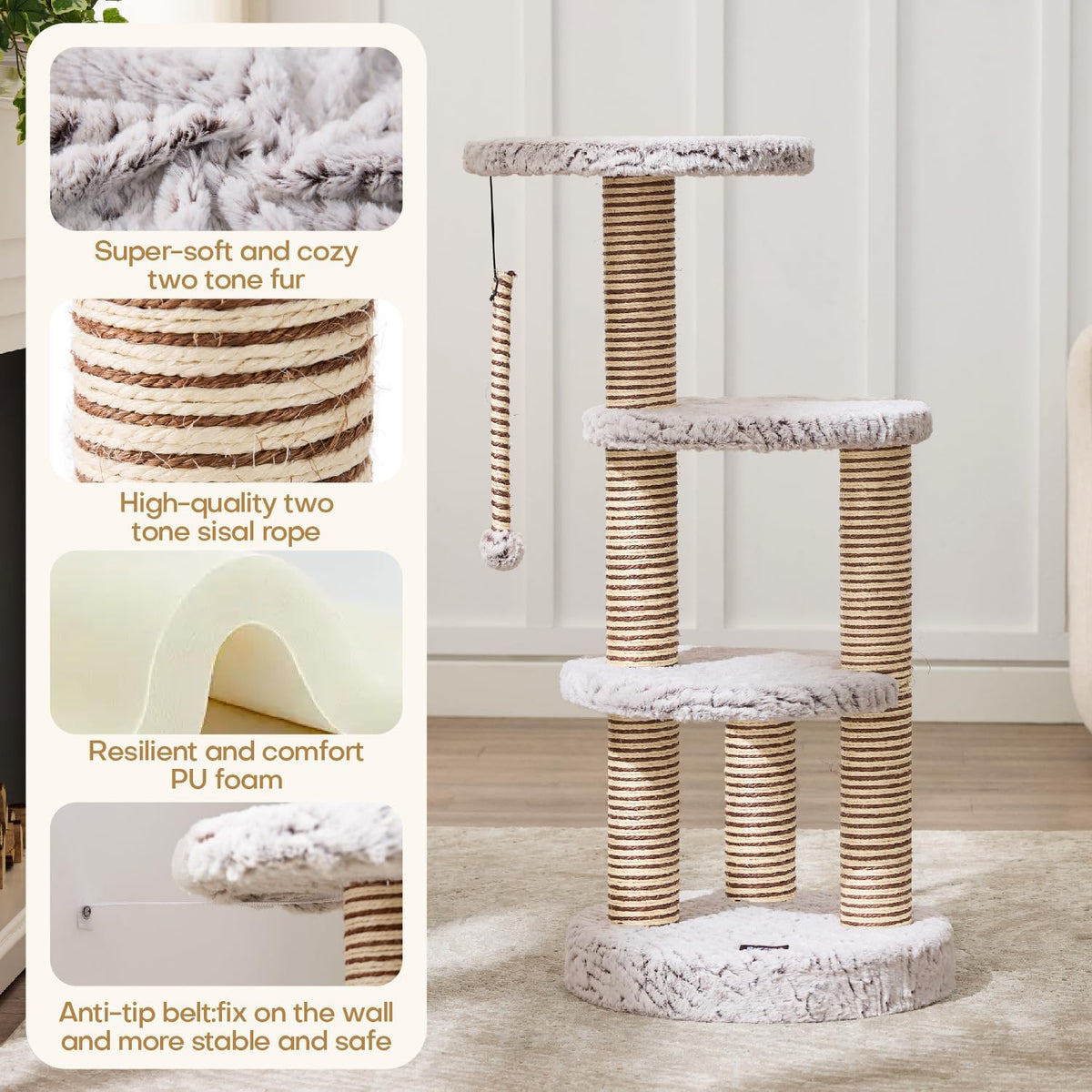Cat Tower, Multi-Level Climbing Tree with Spacious Elevated Perches, Scratching Posts, Dangling Toy Ball, Durable Cat House Furniture for Indoor Kittens & Large Adult Cats.