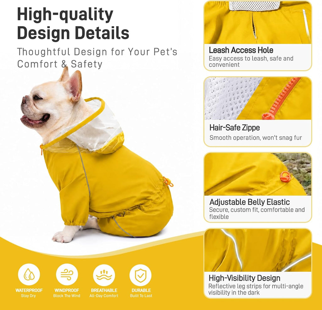 Dog Raincoat - Rain Jacket with Clear Hood and Broad Chest Fit