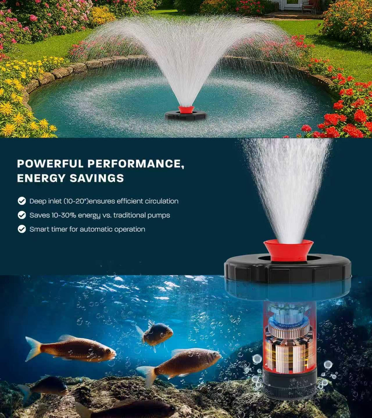 15000 GPH Pond Fountain Aerator, 110V,Floating Pond Fountain Pump with Stainless Steel Body, Pond Aerator Pump for Small & Large Ponds and Lakes (Rosa)