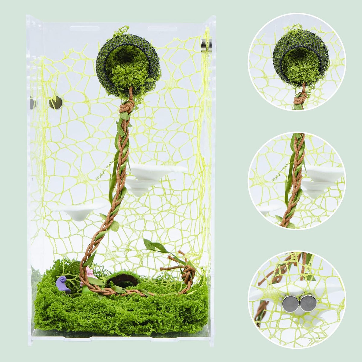 5 Pack Jumping Spider Enclosure Accessories, 1 Hollowed-Out Hideout with Climbing Rope, 2 Climbing Web, 2 Mushroom Habitat Platform, Jumping Spider Enclosure Decorations