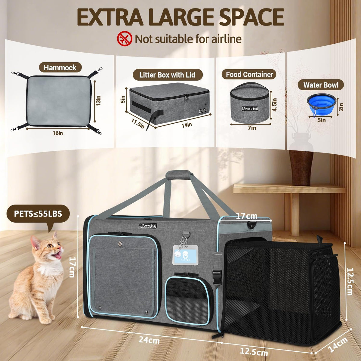 Petskd Side Expandable Extra Large Cat Carrier with Litter Box, Grey