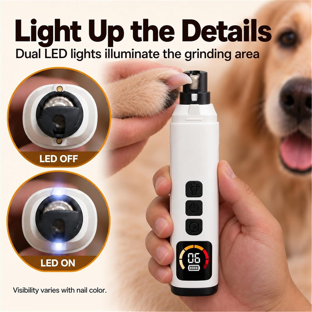 Dog Nail Grinder with 30dB Ultra‑Quiet Brushless Motor, 6‑Speed (6000‑12000RPM), 3‑Port System, LED Lights, 8H Battery, Dust Cap – Painless Grooming for Small, Medium & Large Dogs & Cats