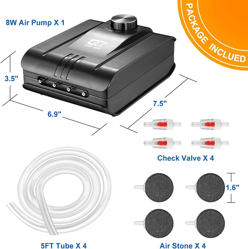 320GPH Aquarium Air Pump 8W Adjustable Quiet Oxygen Pump with 4 Outlet and Accessories Air Stone, Check Valve, Tube,for Up to 300 Gallon Fish Tank,air Pumps for hydroponices ;