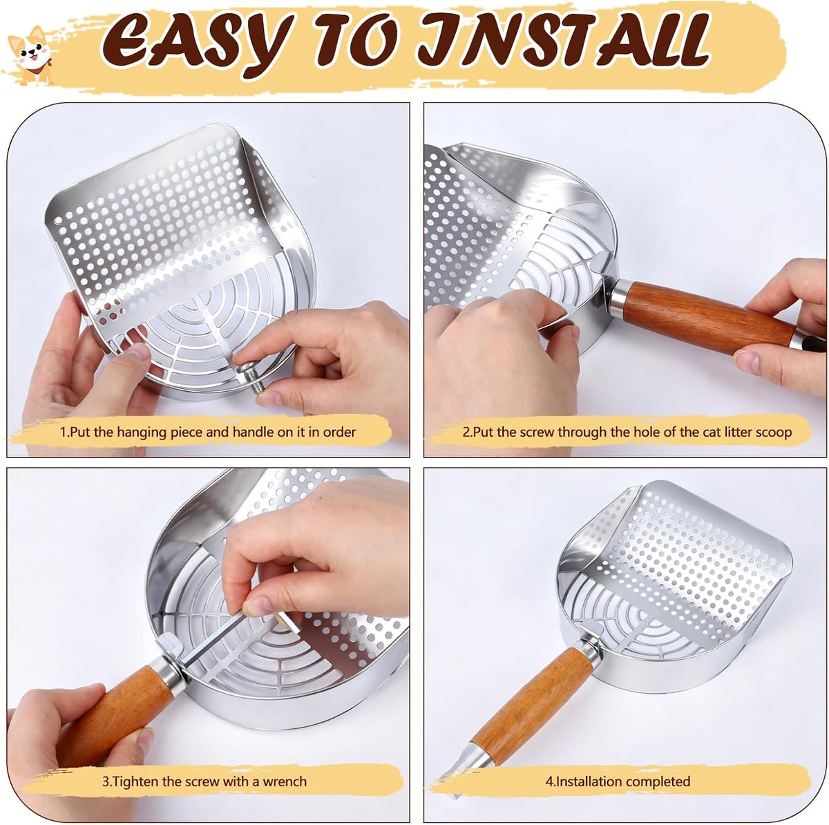 Large Cat Litter Scoop 304 Stainless Steel Rust Proof, Sifting Litter Box Scooper with Wood Handle, Curved Design for Easy Cleaning, Dual Sifter Holes cat Litter Shovel