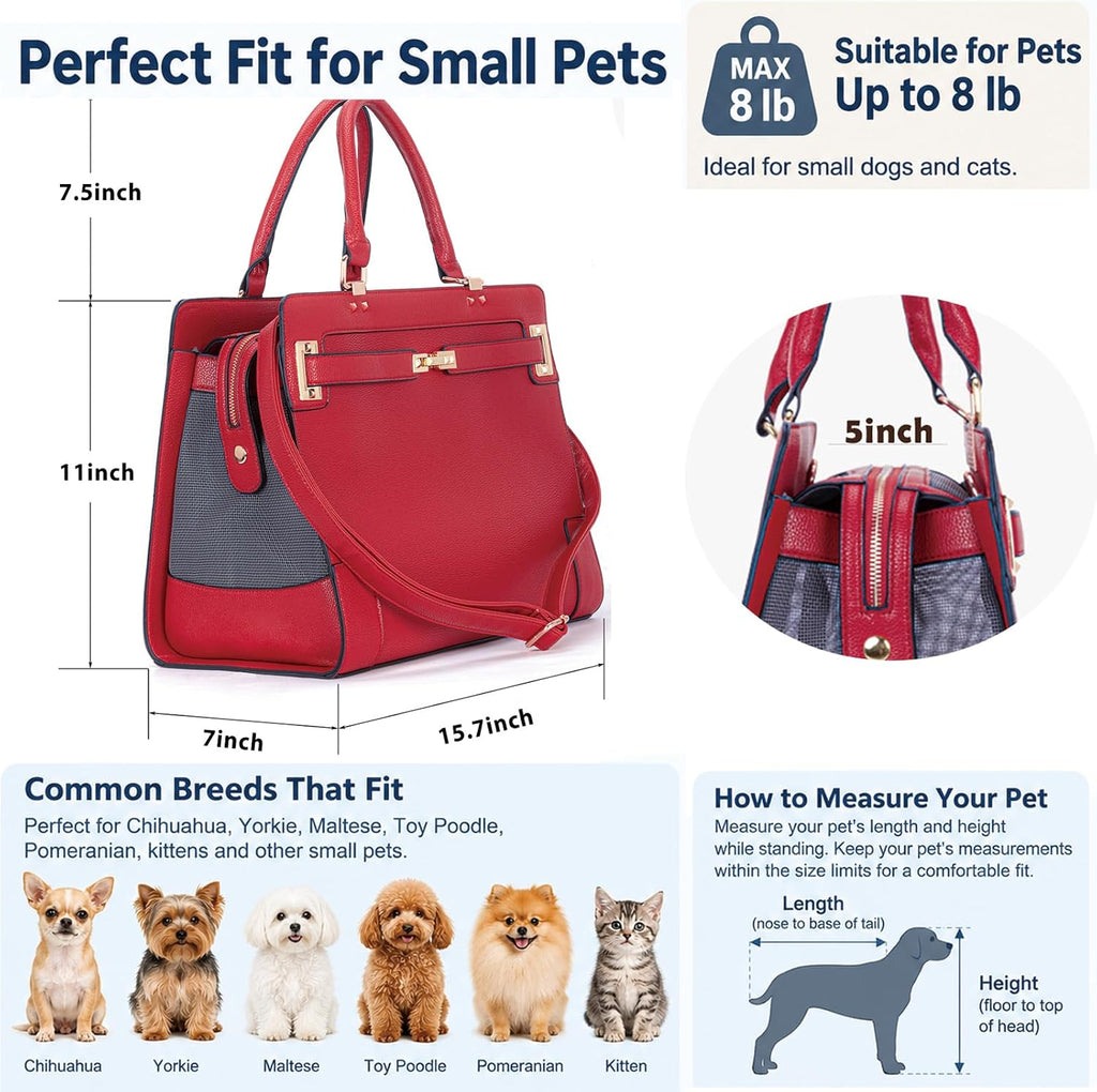 Fashion Pet Carrier Dog Cat Carrier Purse Soft-Sided Leather Handbag Pet Tote Bag for Small Dogs Puppy and Cats TSA Airline Approved (Red)