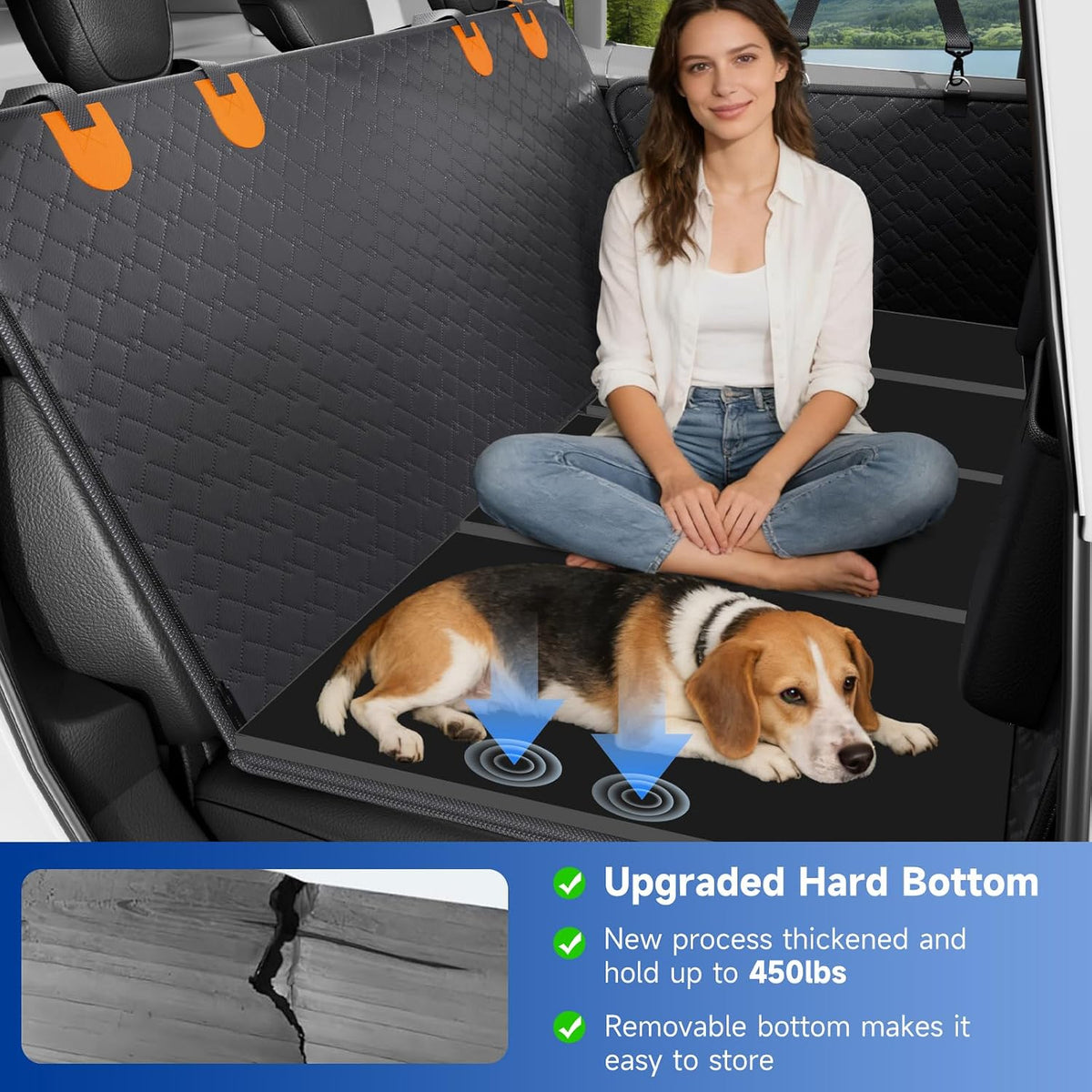 Dog Car Seat Cover Waterproof Vegan Leather, Scratchproof, Hard Bottom Back Seat Extender for Dogs, Non Slip Back Seat Protector with Mesh Window, Easy to Clean Fit Full Size Trucks, Orange