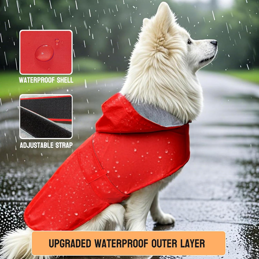 Dog Raincoat Dog Rain Jacket Waterproof Pet Rain Suit Double-Layered Poncho Hooded Warm Lining Leash Hole Adjustable for Medium Dogs,Red,XXXL,Back Length 17-21.5 inches