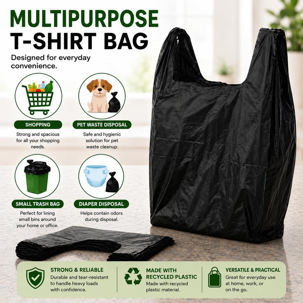 T-shirt Black Plastic Bag (600 ct.) Small Can Liners Doggy Poop Bags Compatible with Arm & Hammer Swivel Bin & Rake pooper scooper Thank You Grocery Shooping Bag Size Multipurpose Bags