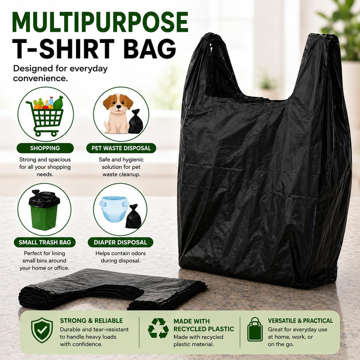 T-shirt Black Plastic Bag (600 ct.) Small Can Liners Doggy Poop Bags Compatible with Arm & Hammer Swivel Bin & Rake pooper scooper Thank You Grocery Shooping Bag Size Multipurpose Bags