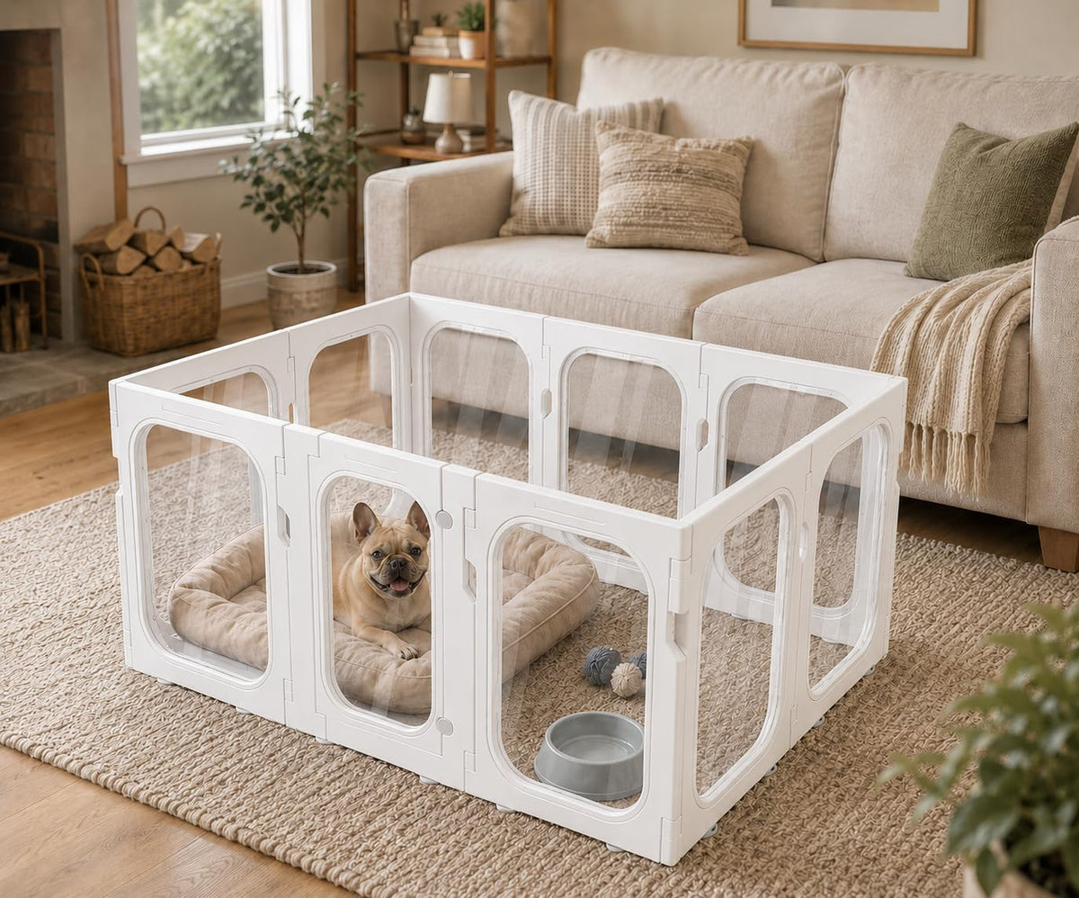 Acrylic Dog Playpen, 10-Panel Clear Transparent Puppy Playpen for Small Dogs Indoor Outdoor, Easy Assembly Foldable Pet Exercise Pen with Locking Door (White, 25.6 INCH, 10 Panels)