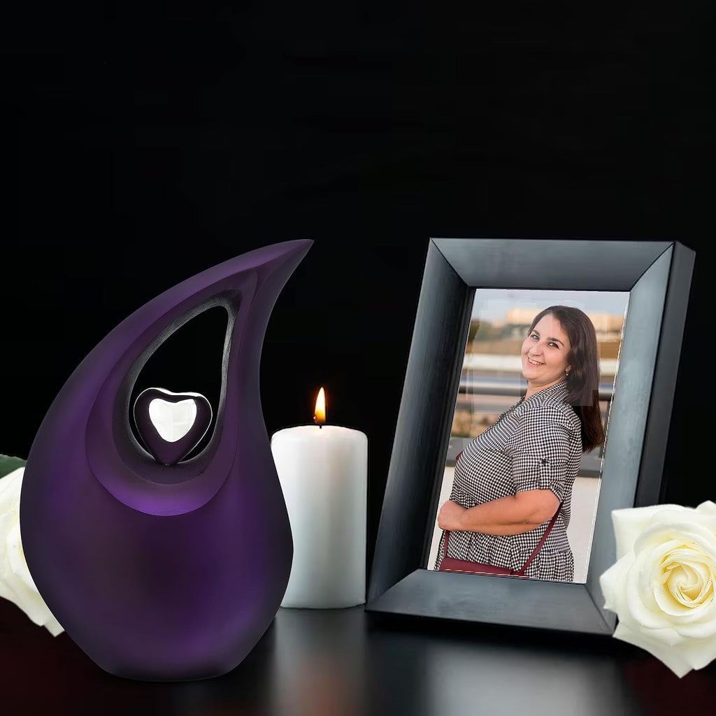 White Teardrop Small Urns for Human Ashes/Mini Urn with Sky Blue Heart/Cremation Keepsakes for Ashes/Ash Holders (Purple - Silver, Small - S (15 Cu in))