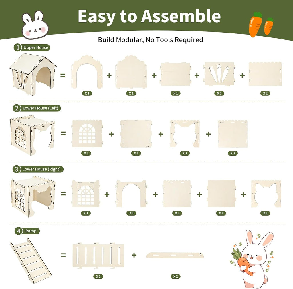 Rypet Extra Large Wooden Rabbit Castle, Bunny House Hideout with Stairs