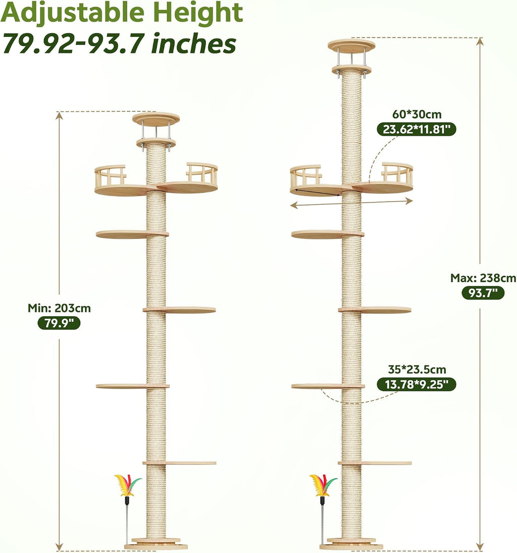 Floor to Ceiling Cat Tree, 80-94" Adjustable Wood Cat Tower, Beige