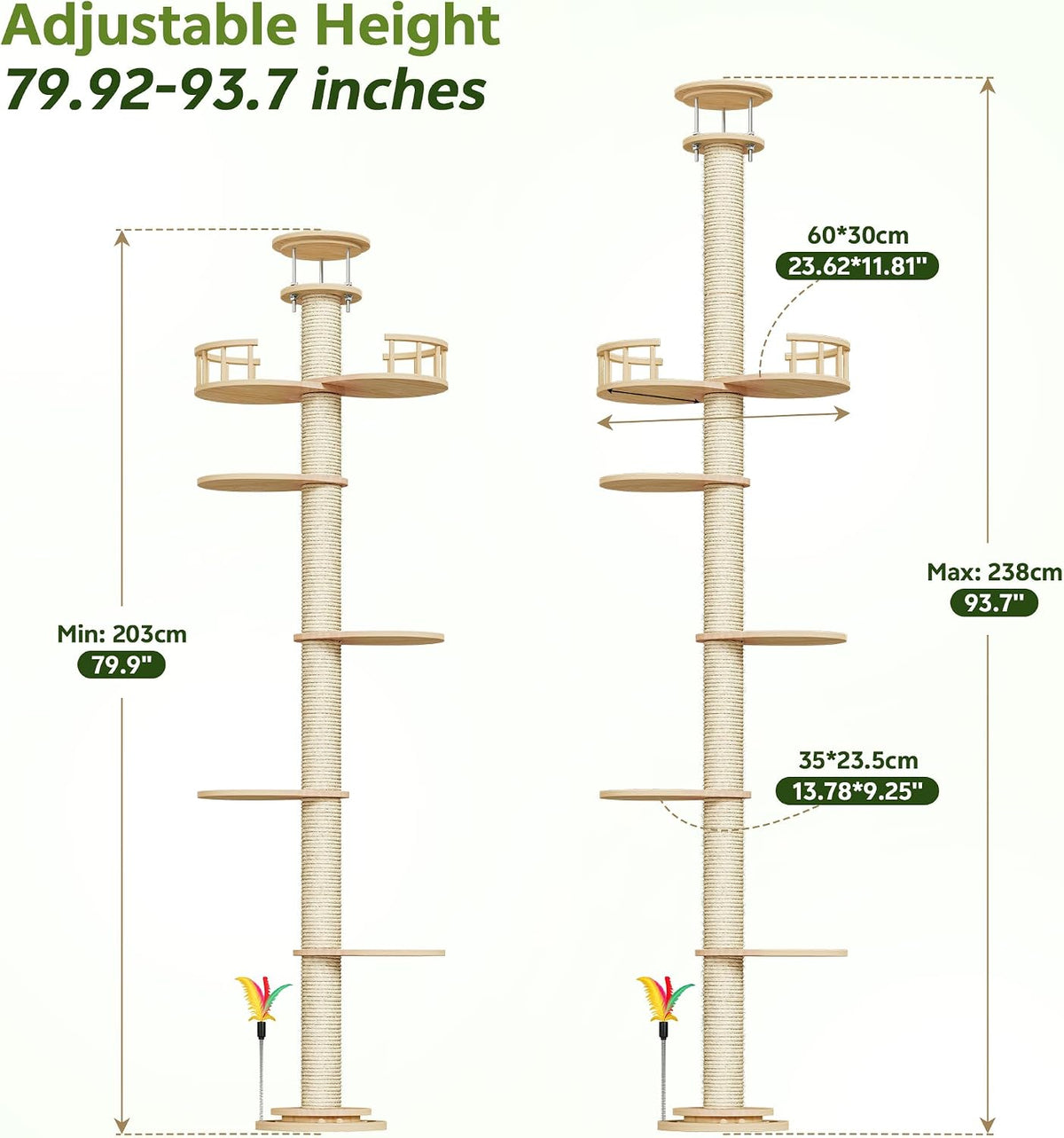 Floor to Ceiling Cat Tree, 80-94" Adjustable Wood Cat Tower, Beige