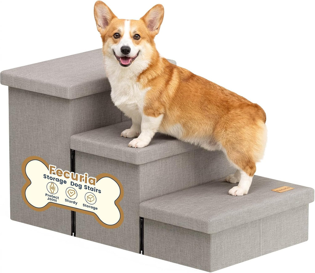 3-Step Dog Stairs for Large Dogs with Storage 18" H, Light Grey