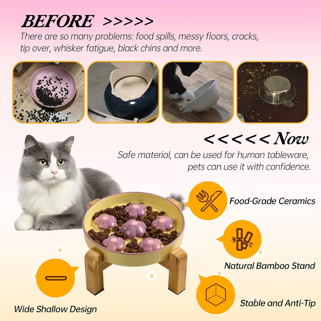 Elevated Ceramic Slow Feeder Cat Bowl with Anti-Slip Bamboo Stand