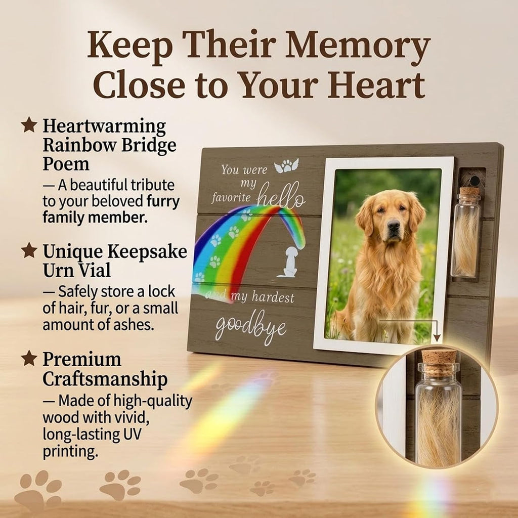 Rainbow Bridge Dog Memorial Gifts for Loss of Dog - Rainbow Bridge Pet Memorial Picture Frame Set with Fur Jar, Bracelet & Keychain - Sympathy Remembrance Keepsake for Pet Lovers