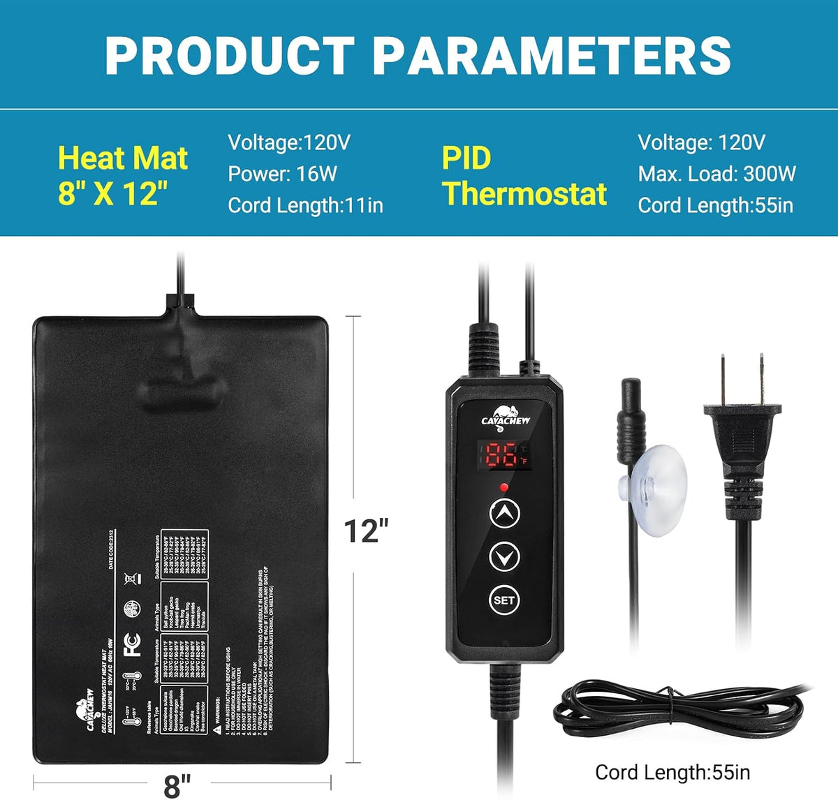 Reptile Heat Pad with Dimming Thermostat, 8" X 12" 16W Heating Pad Combo Set for 30-40 Gallon Reptile Tank, Under Tank Heater for Reptiles, Turtle, Snake, Lizard, Hermit Crab, Frogs, Seed