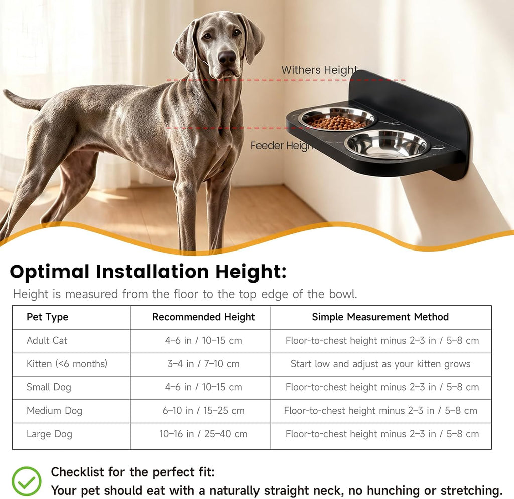 Raised Wall Mount Cat Dog Bowls, Adjustable Height Double Stainless Steel Food Water Bowls, Anti-Spill Elevated Pet Feeding Set, Pet Feeder for Kittens, Puppies, Black