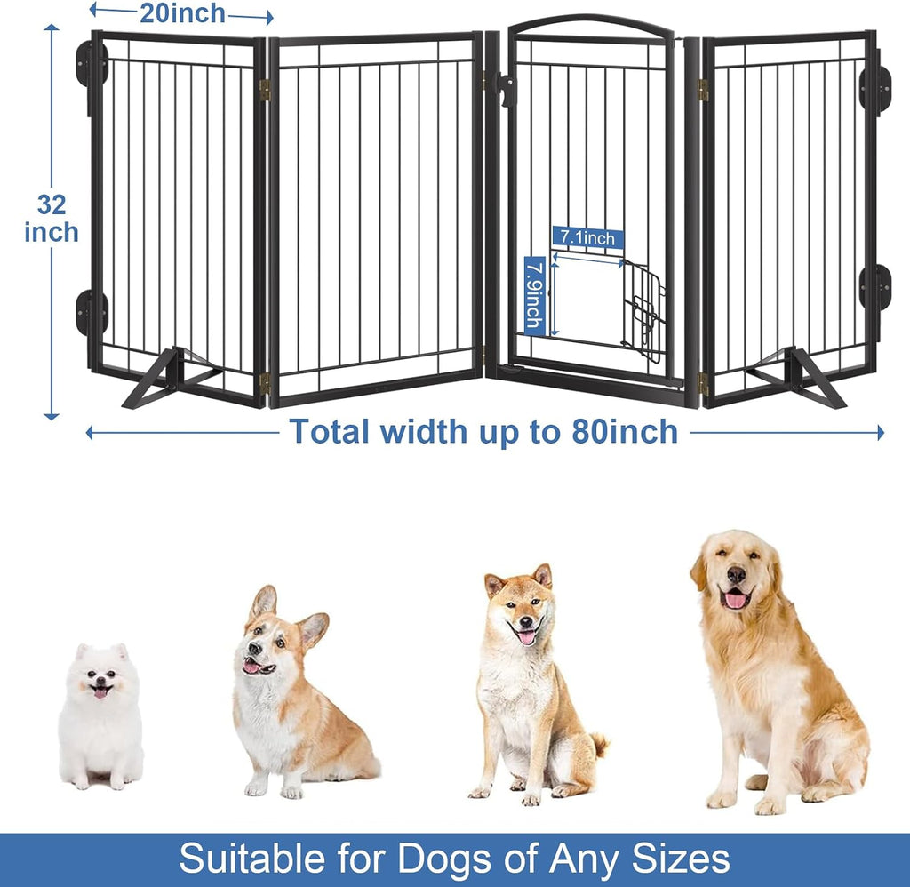 Full Metal Freestanding Dog Gate with Cat Door for Indoor & Outdoor,32" Tall 80" Extra Wide Foldable Dog Fence,Free Standing Pet Gate for Stairs,Porch,Deck,Yard,Doorways(Black)