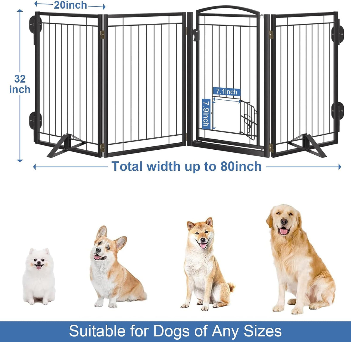 Full Metal Freestanding Dog Gate with Cat Door for Indoor & Outdoor,32" Tall 80" Extra Wide Foldable Dog Fence,Free Standing Pet Gate for Stairs,Porch,Deck,Yard,Doorways(Black)