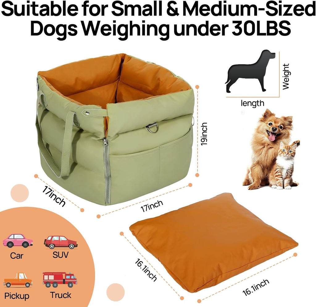Dog Car Seat Bed for Small & Medium Dogs Under 30lbs, Premium Dog Car Seat, Soft & Stylish & Waterproof, Easy to Clean for Front or Back Seat (Green)