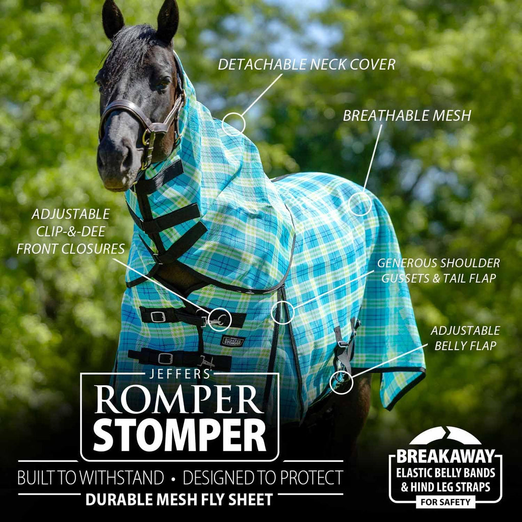 Jeffers Romper Stomper Durable Mesh Fly Sheet for Horses with Detachable Neck, 75" – Heavy Duty Breathable Textilene Mesh Horse Sheet, UV & Insect Protection, Summer Turnout Rug - Turquoise & Lime