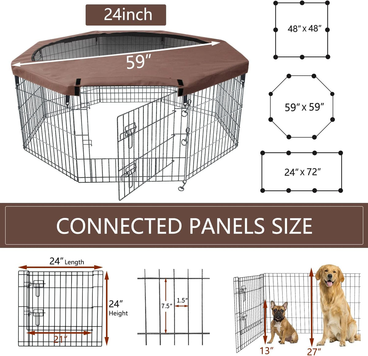 NEZUC Foldable Metal Dog Exercise Playpen Gate Fence Dog Crate 8 Panels 24 Inch Height Puppy Kennels with Top Cover/Bottom Pad for Animals Outdoor Indoor (Playpen+Top Cover, Brown, 24" H)