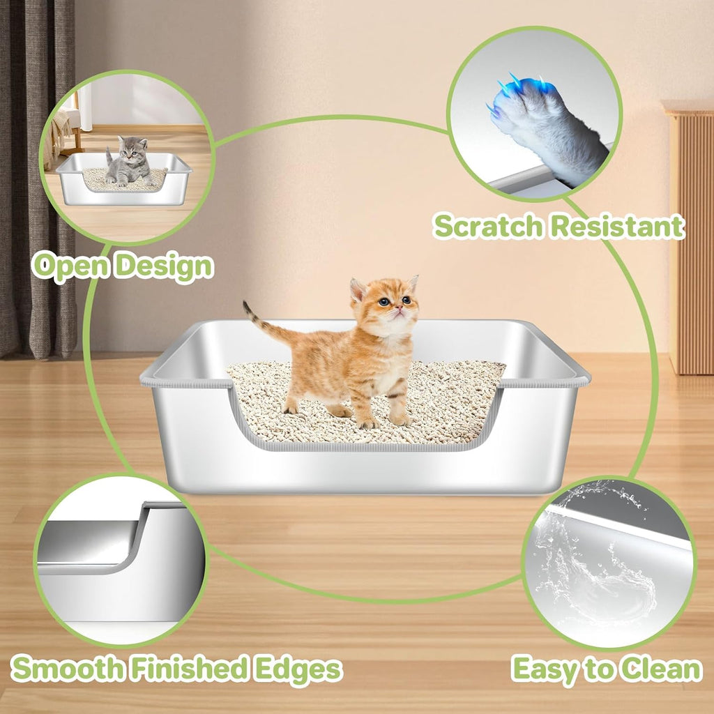 Low Entry Litter Box for Senior or Disabled & Injured Cats, Stainless Steel High Sided Enclosed Easy Step in Entry-Metal Kitty Litter Box for Kittens, Odor Control (17.7"x13.8"x5.9")